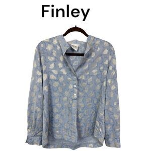 Tinley Gold Leaf Jacquard Collared Long Sleeve Henley Shirt Blouse Blue Medium